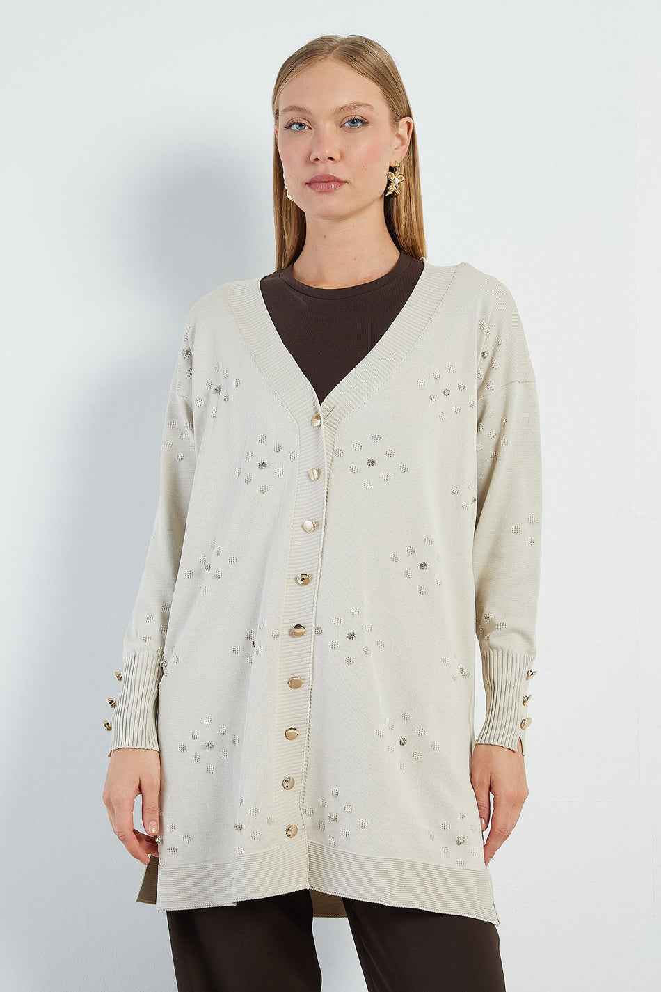 Stone Embroidered V-Neck Knitwear Cardigan - MALLTURK