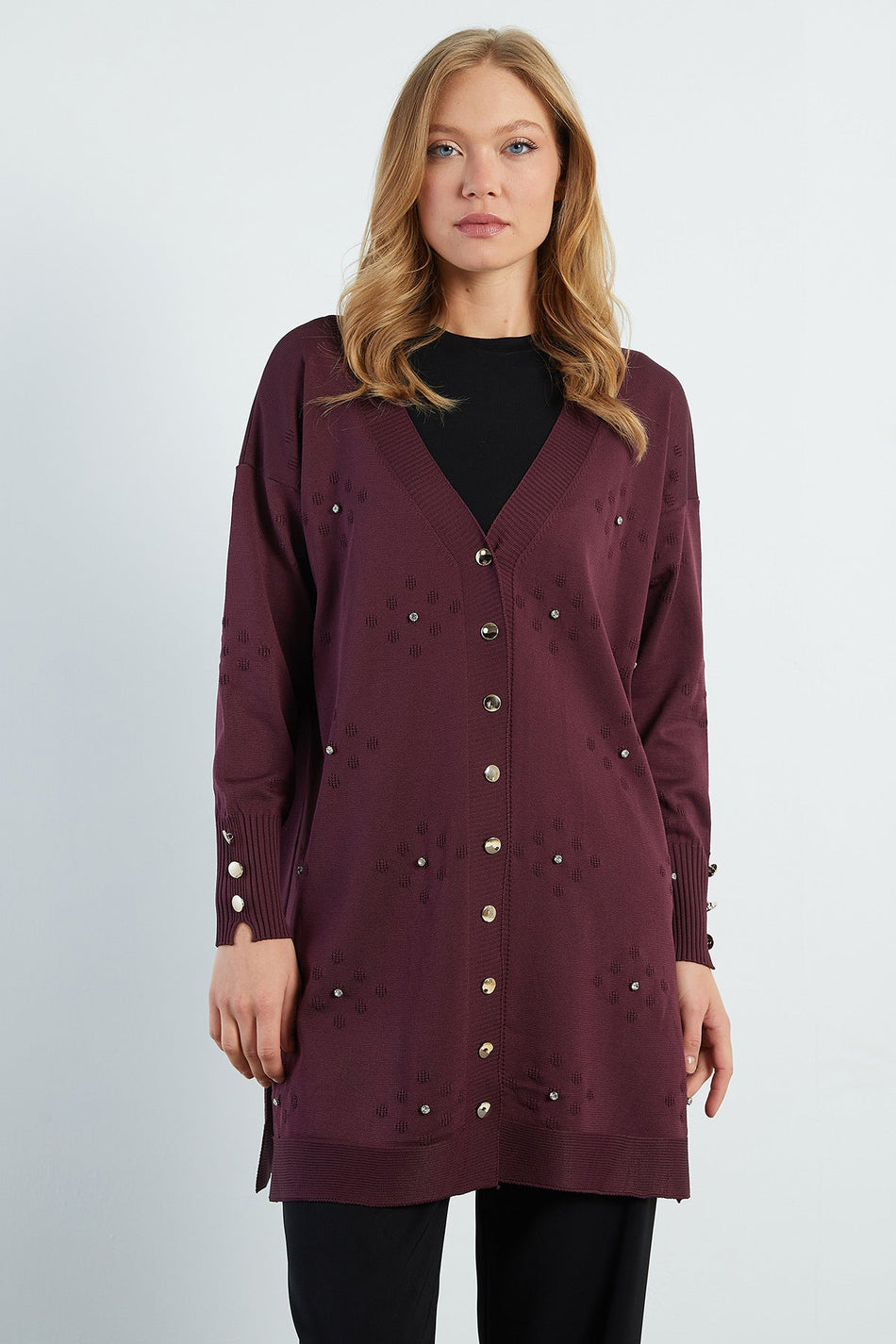 Stone Embroidered V-Neck Knitwear Cardigan - MALLTURK