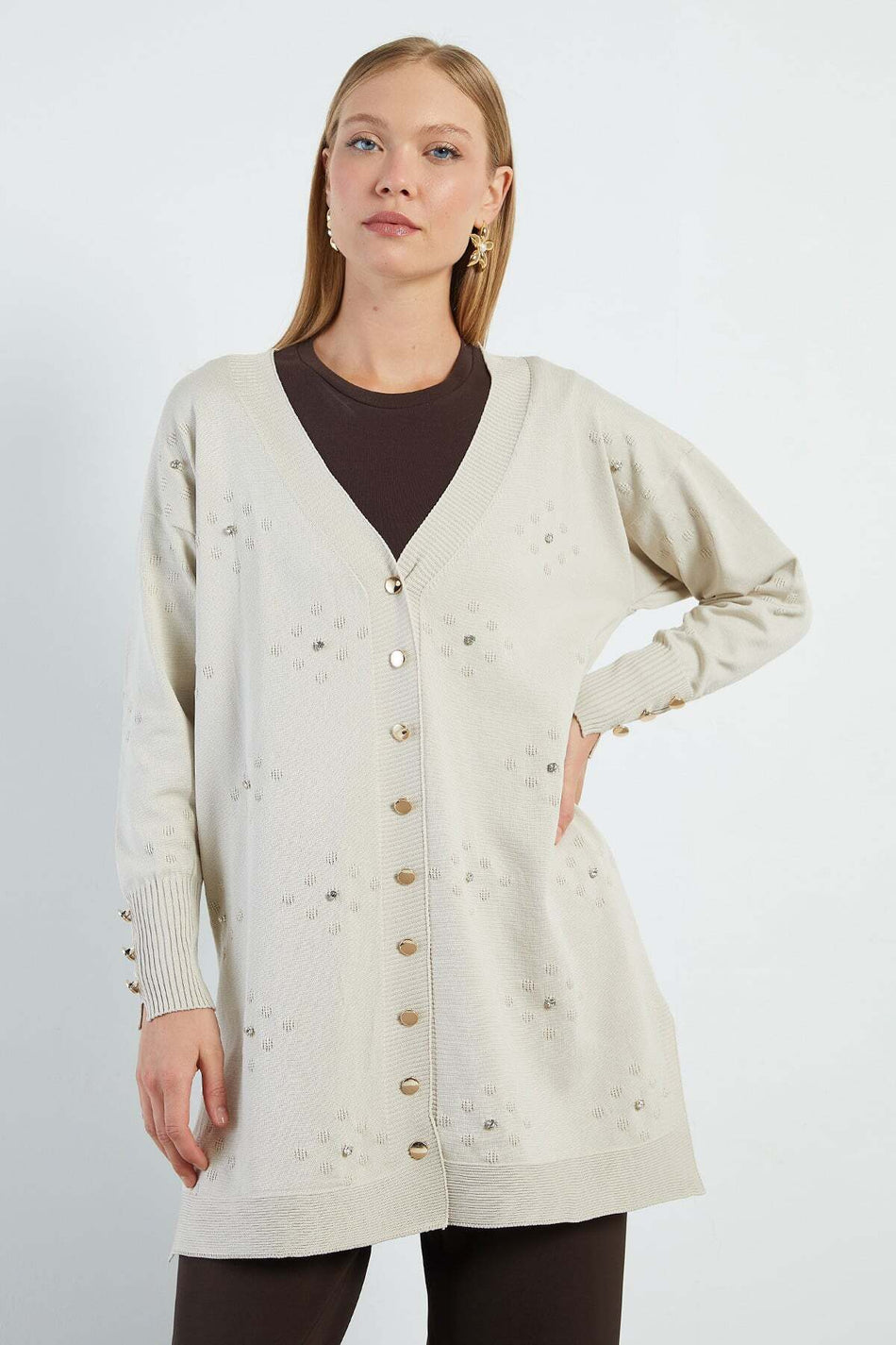 Stone Embroidered V-Neck Knitwear Cardigan - MALLTURK