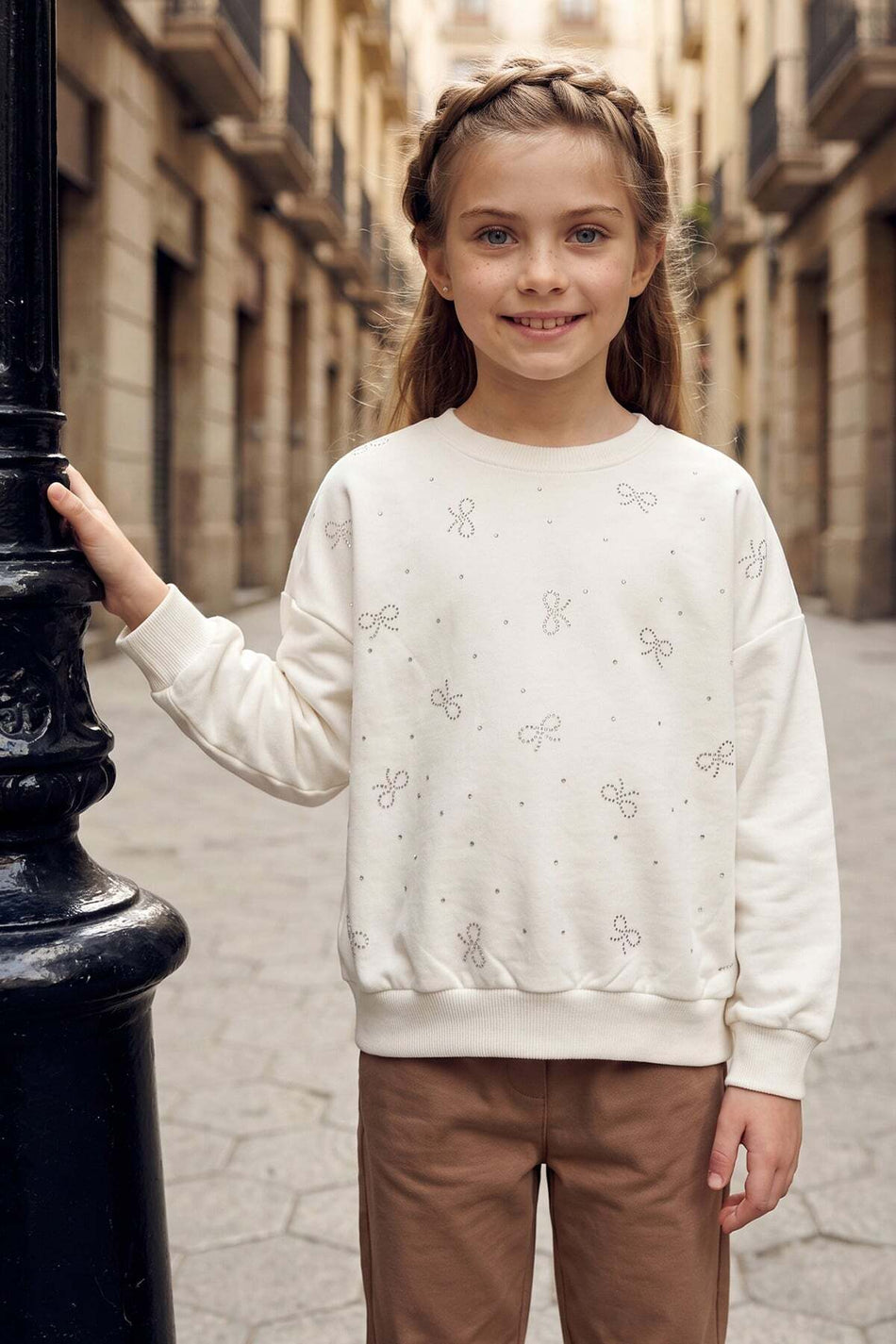 Stoned Bow Patterned Crew Neck Casual Girls' Sweatshirt - MALLTURK