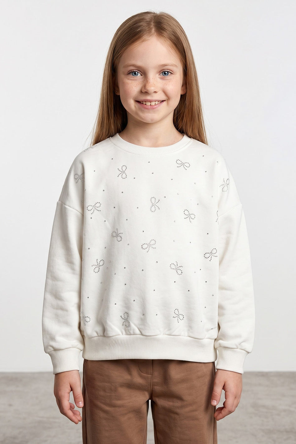 Stoned Bow Patterned Crew Neck Casual Girls' Sweatshirt - MALLTURK