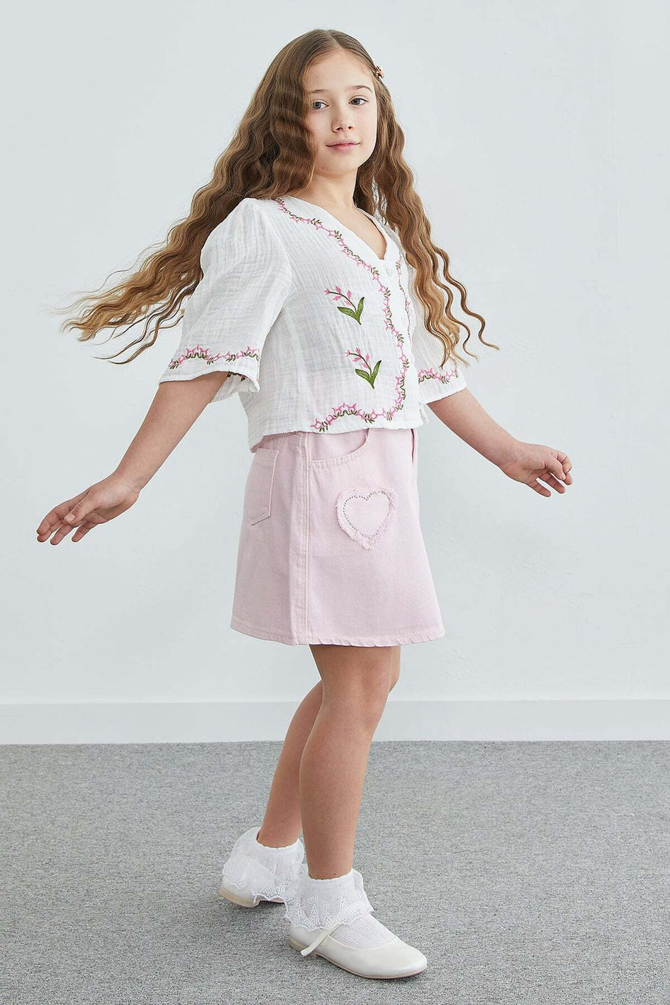 Stoned Heart Embroidered Girl's Jean Skirt - MALLTURK