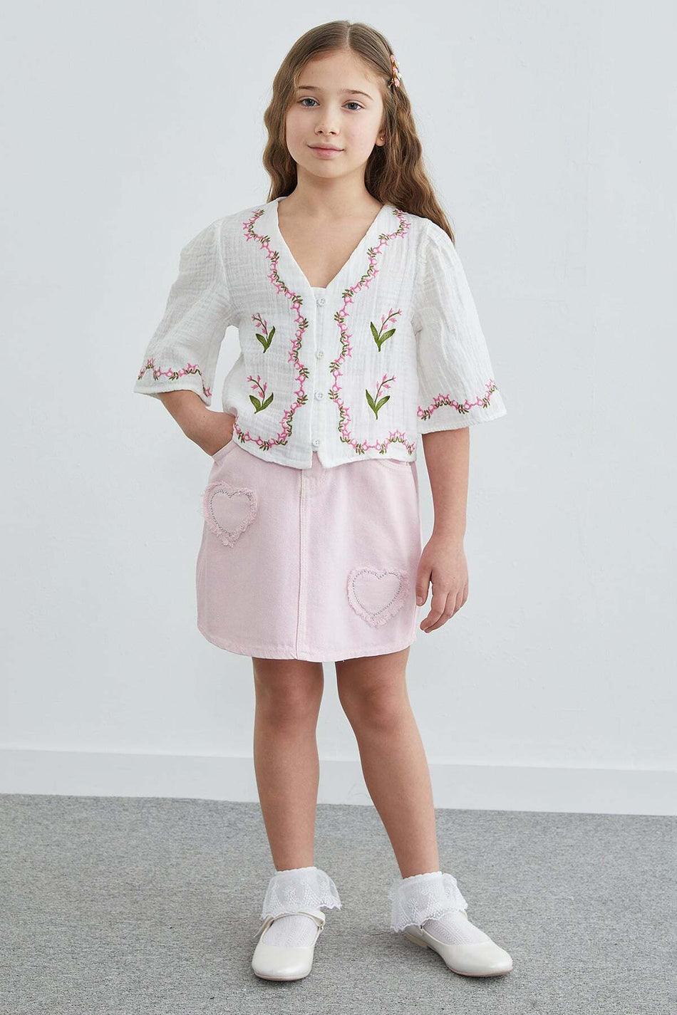 Stoned Heart Embroidered Girl's Jean Skirt - MALLTURK