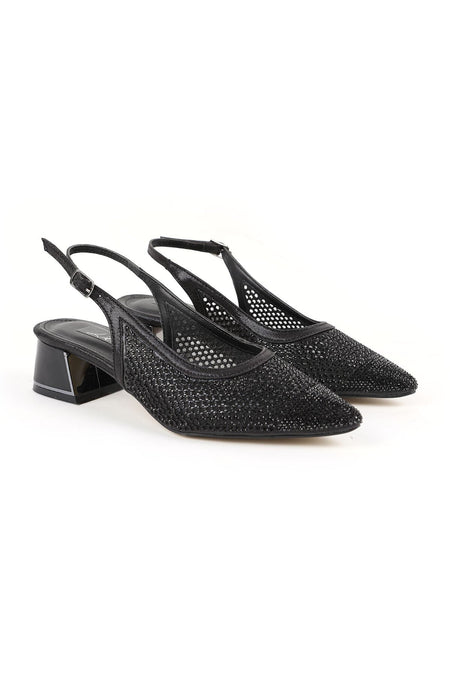 Stoned Tulle Heeled Shoes Pointed Toe Short Thick Heel Slingback Stylish Evening Dress Jurdan Sole L085.K1103 - MALLTURK