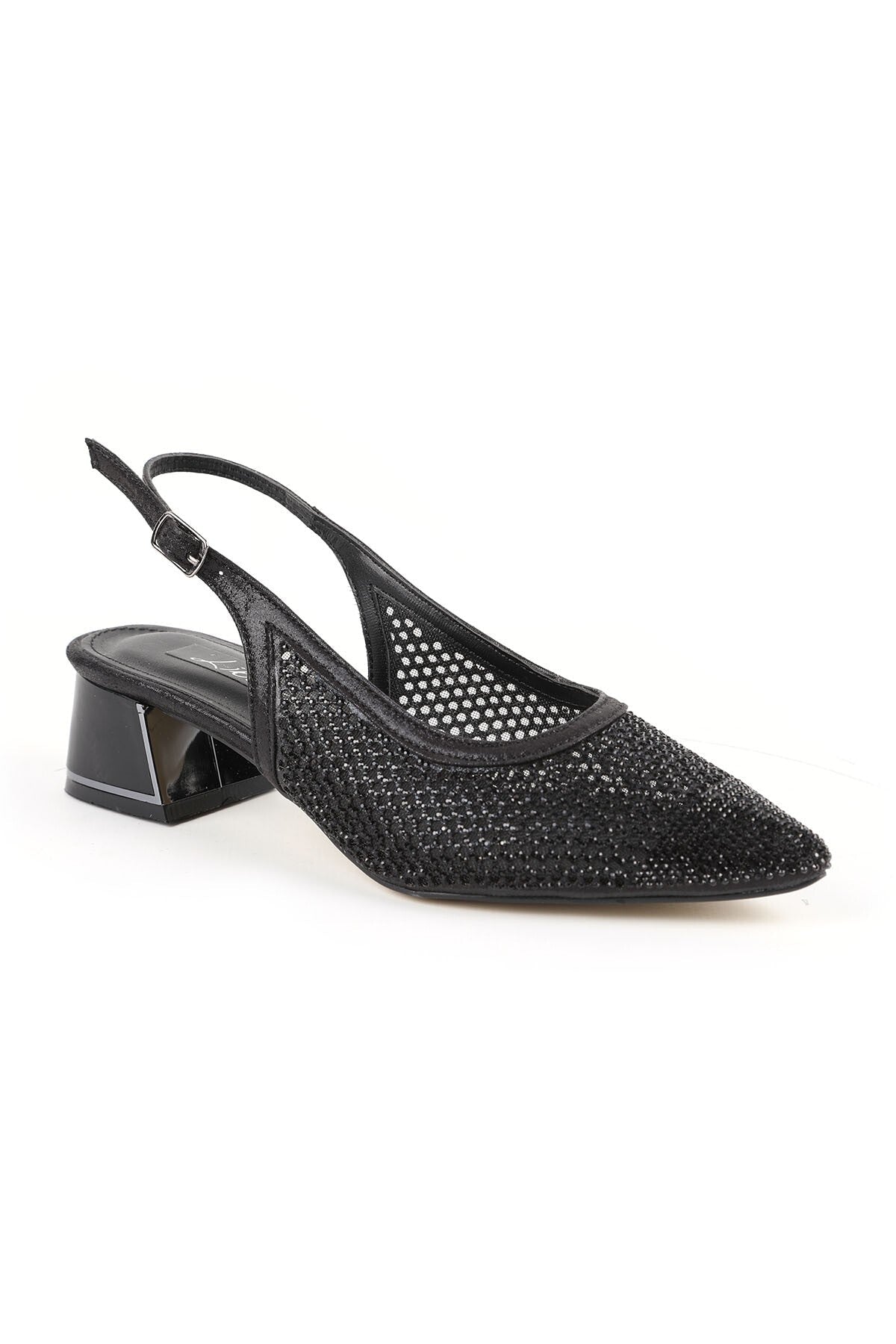 Stoned Tulle Heeled Shoes Pointed Toe Short Thick Heel Slingback Stylish Evening Dress Jurdan Sole L085.K1103 - MALLTURK