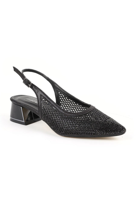 Stoned Tulle Heeled Shoes Pointed Toe Short Thick Heel Slingback Stylish Evening Dress Jurdan Sole L085.K1103 - MALLTURK