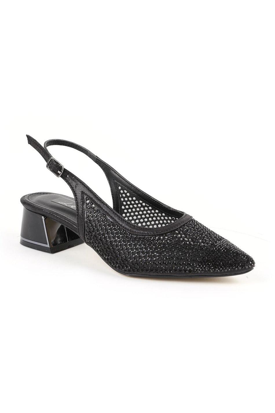 Stoned Tulle Heeled Shoes Pointed Toe Short Thick Heel Slingback Stylish Evening Dress Jurdan Sole L085.K1103 - MALLTURK