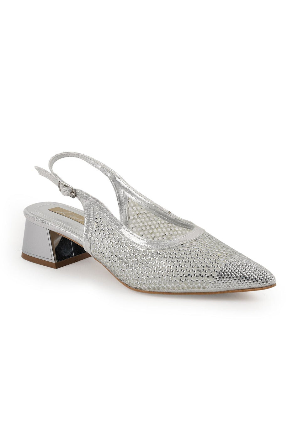 Stoned Tulle Heeled Shoes Pointed Toe Short Thick Heel Slingback Stylish Evening Dress Jurdan Sole L085.K1103 - MALLTURK