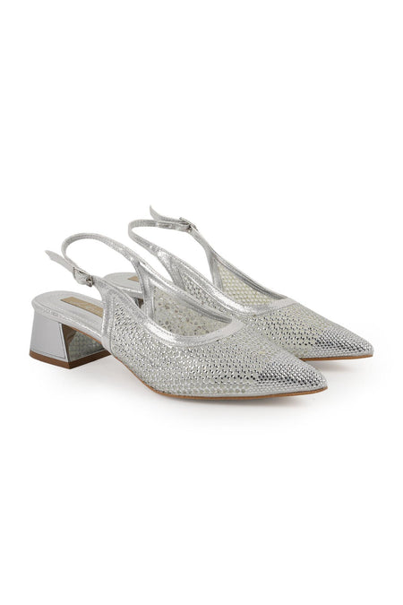 Stoned Tulle Heeled Shoes Pointed Toe Short Thick Heel Slingback Stylish Evening Dress Jurdan Sole L085.K1103 - MALLTURK