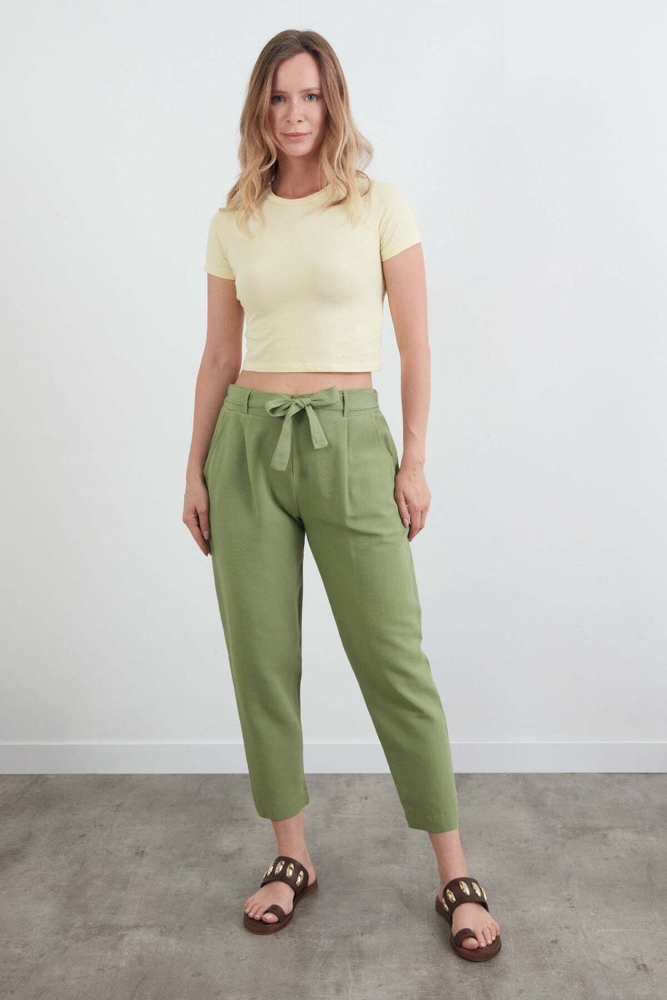Straight Linen Trousers with Tie Waist - MALLTURK