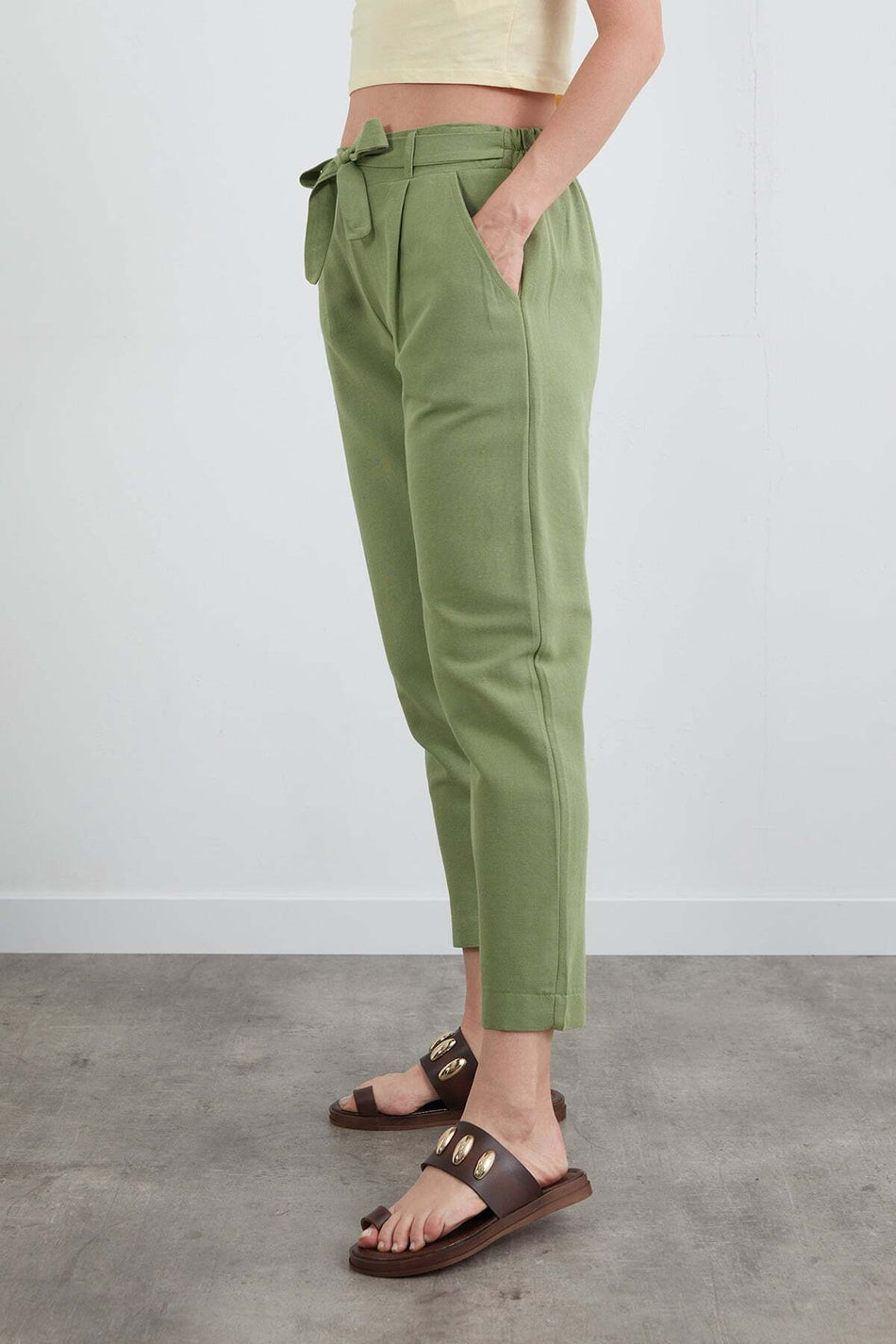 Straight Linen Trousers with Tie Waist - MALLTURK