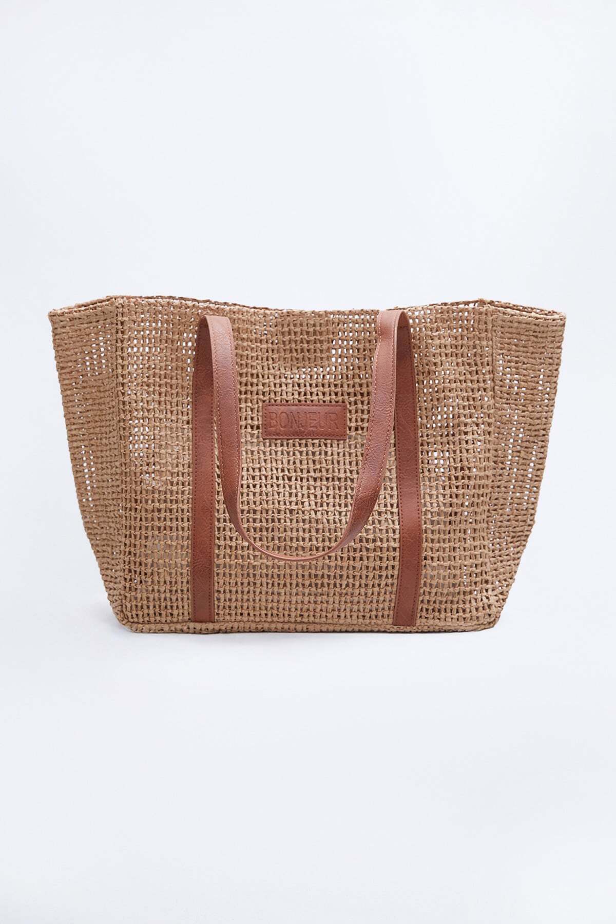 Straw Beach Handbag with Faux Leather Strap - MALLTURK