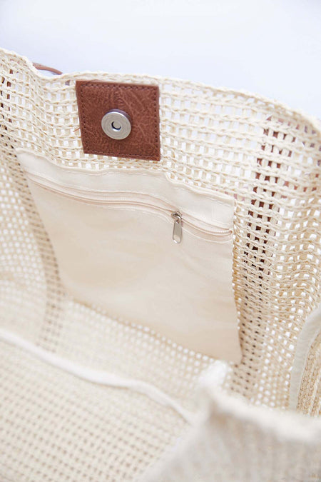 Straw Beach Handbag with Faux Leather Strap - MALLTURK