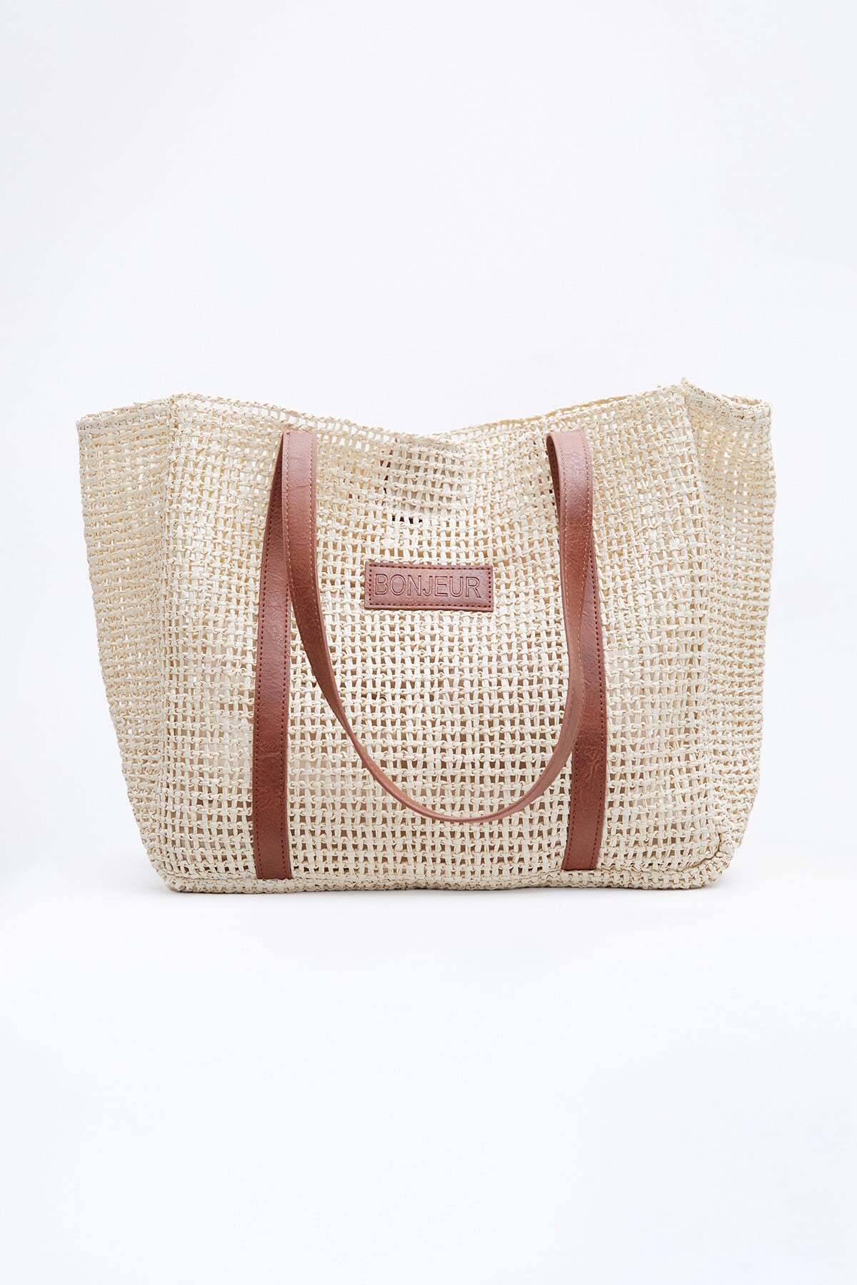 Straw Beach Handbag with Faux Leather Strap - MALLTURK