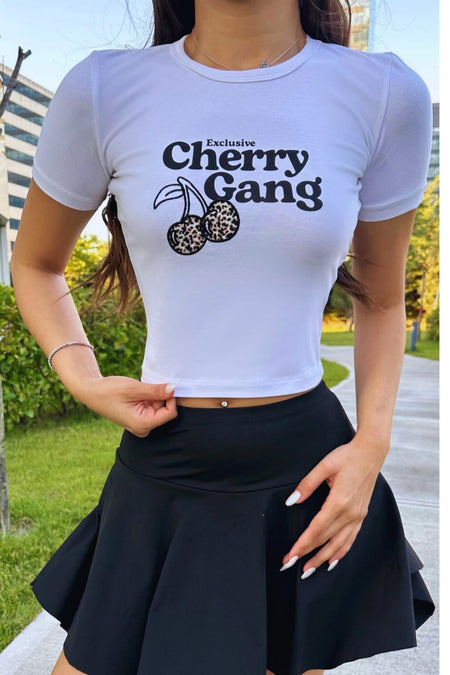 Streetwear Özel Cherry Baskılı T-shirt Beyaz - MALLTURK