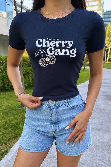 Streetwear Özel Cherry Baskılı T-shirt Lacivert - MALLTURK