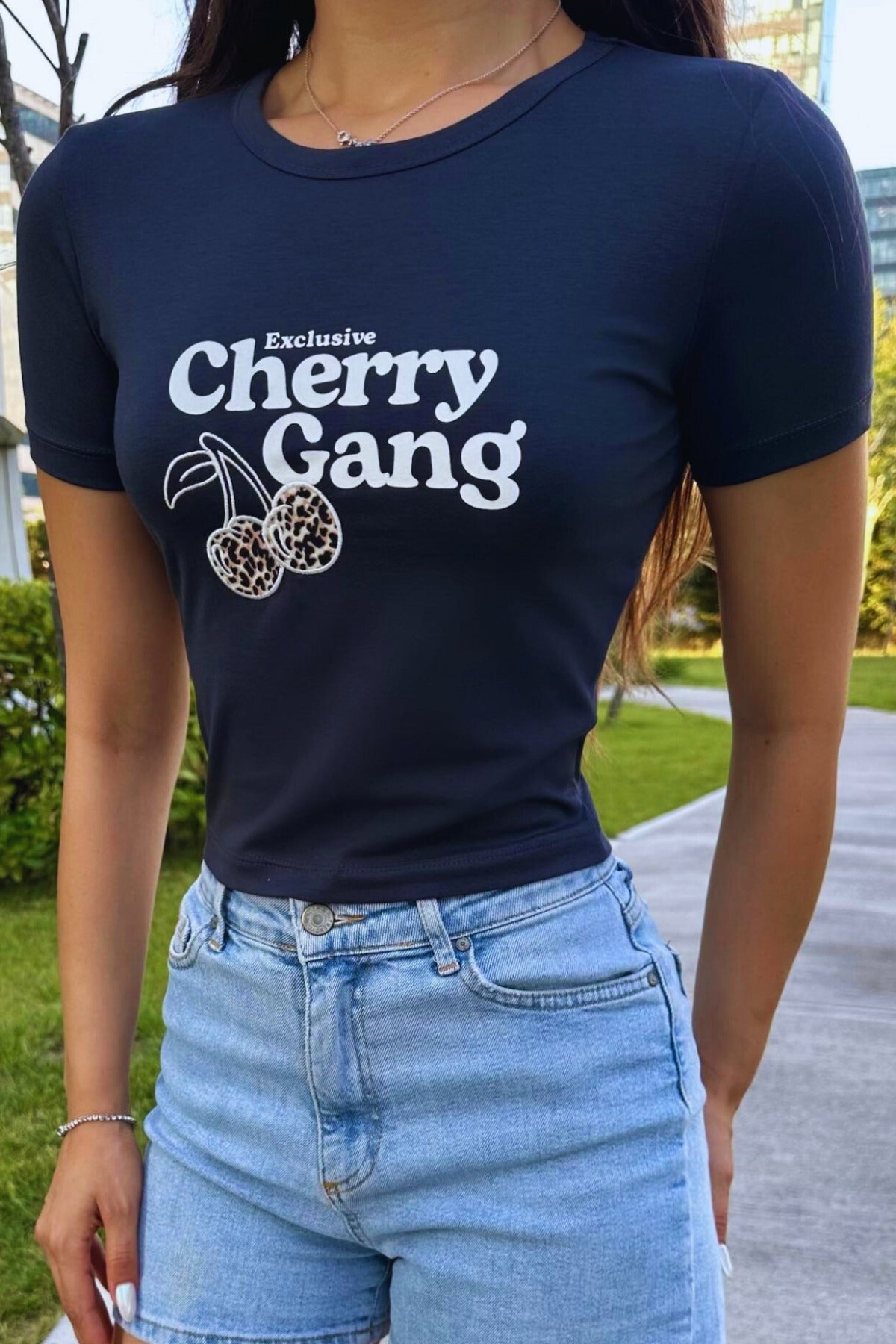 Streetwear Özel Cherry Baskılı T-shirt Lacivert - MALLTURK