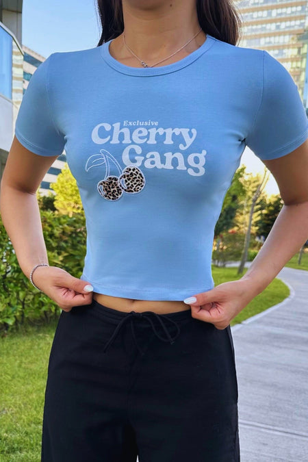 Streetwear Özel Cherry Baskılı T-shirt Mavi - MALLTURK