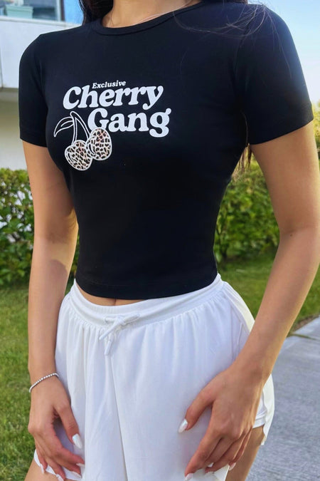 Streetwear Özel Cherry Baskılı T-shirt Siyah - MALLTURK