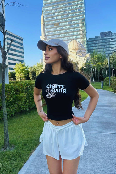 Streetwear Özel Cherry Baskılı T-shirt Siyah - MALLTURK