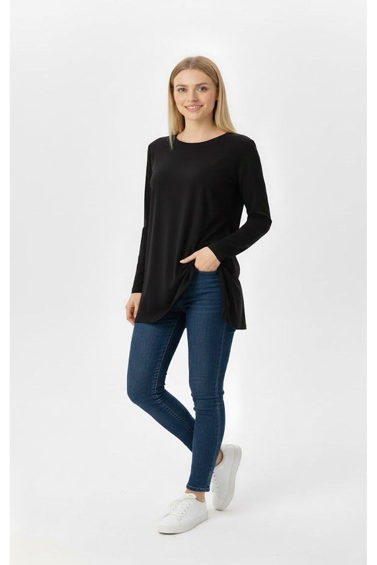 Stretch Fabric Long Sleeve Asymmetrical Cut Blouse - MALLTURK