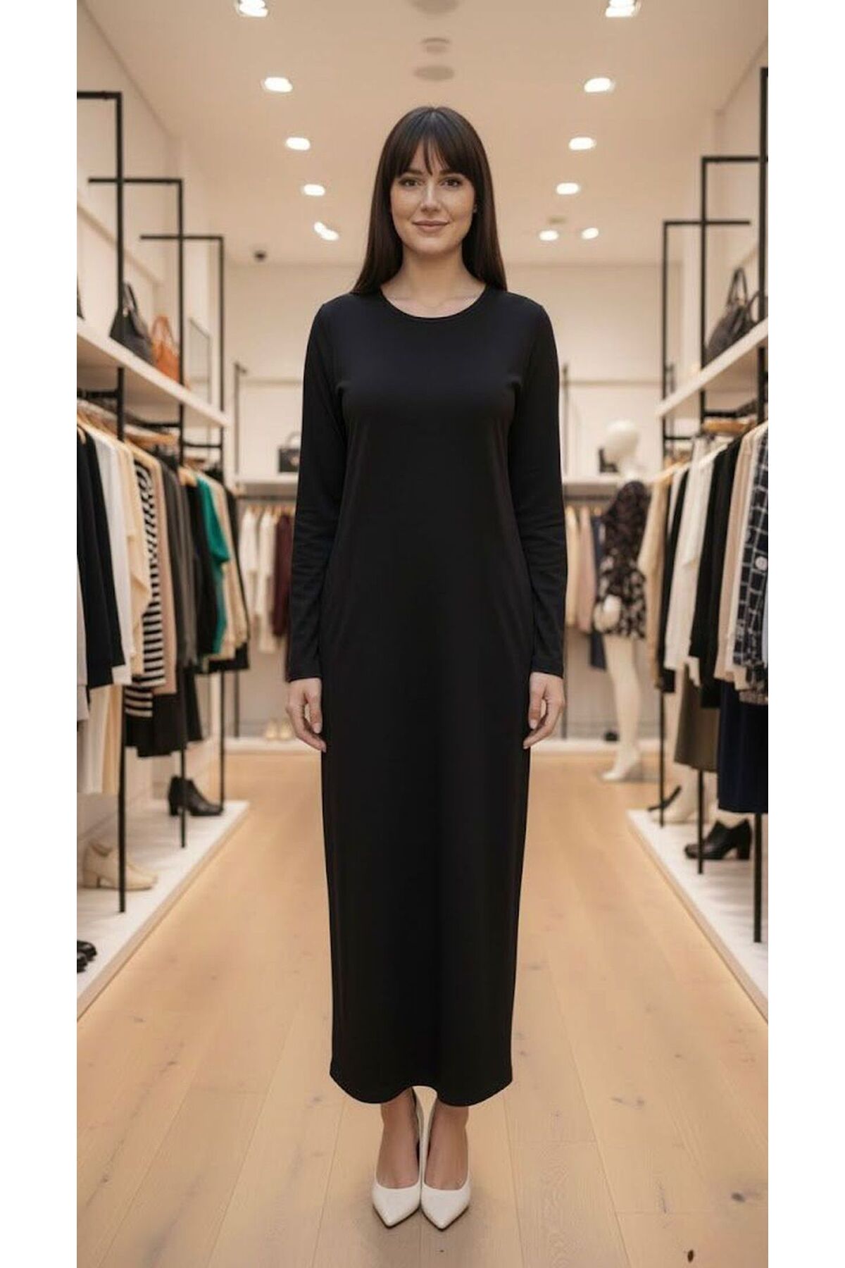 Stretch Fabric Long Sleeve Crew Neck Viscose Dress - MALLTURK