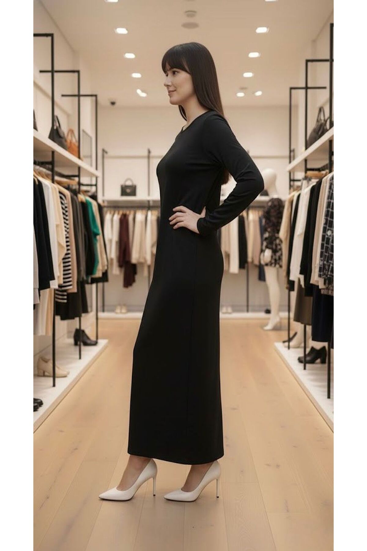 Stretch Fabric Long Sleeve Crew Neck Viscose Dress - MALLTURK