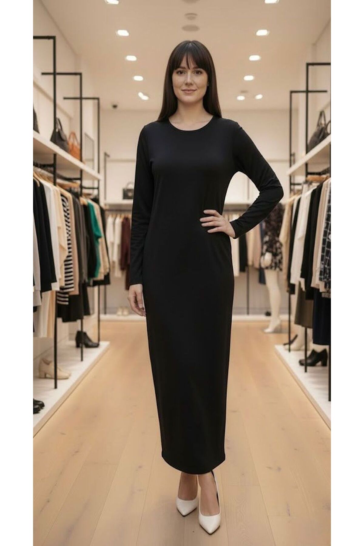 Stretch Fabric Long Sleeve Crew Neck Viscose Dress - MALLTURK