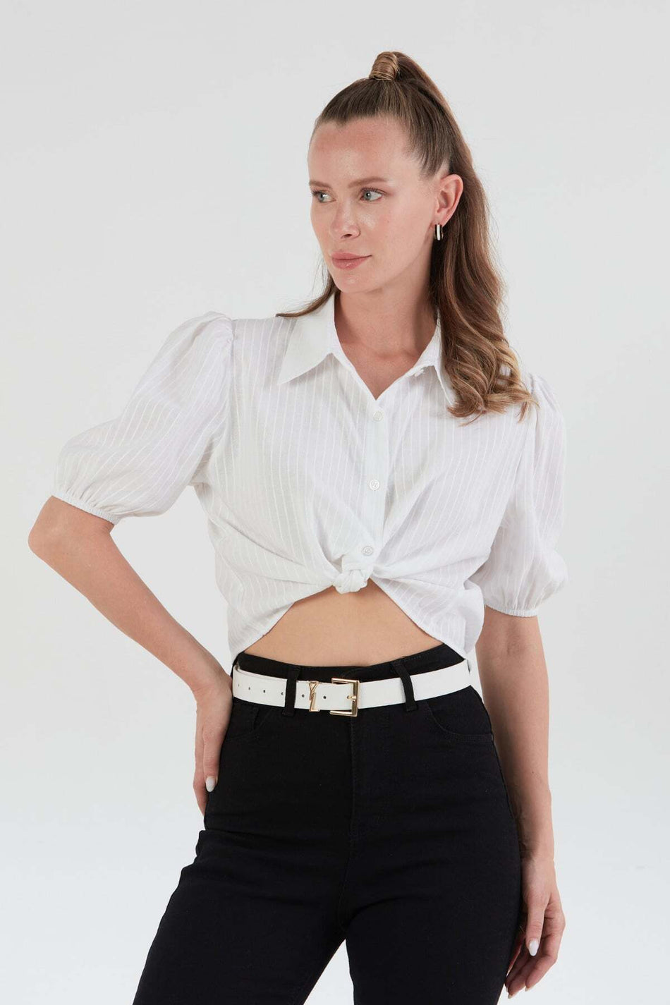 Striped Balloon Sleeve Crop Shirt - MALLTURK