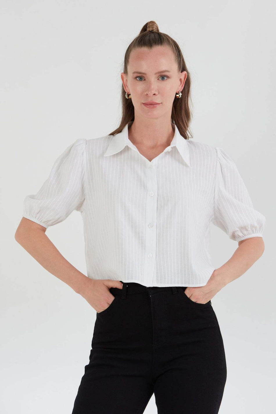 Striped Balloon Sleeve Crop Shirt - MALLTURK
