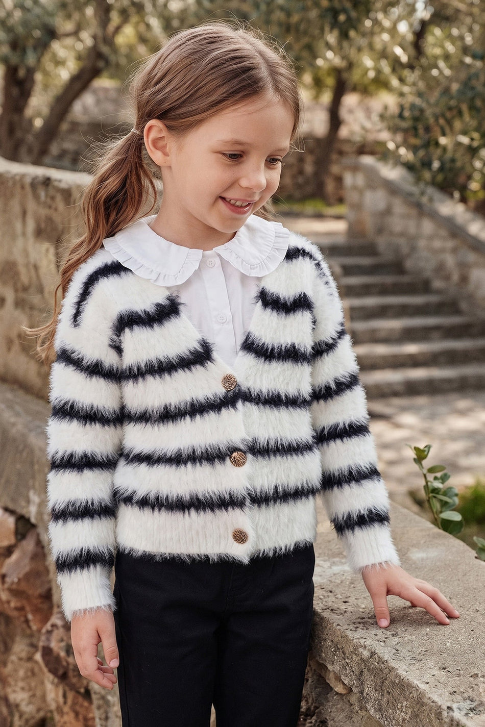Striped Buttoned Girls' Plush Cardigan - MALLTURK