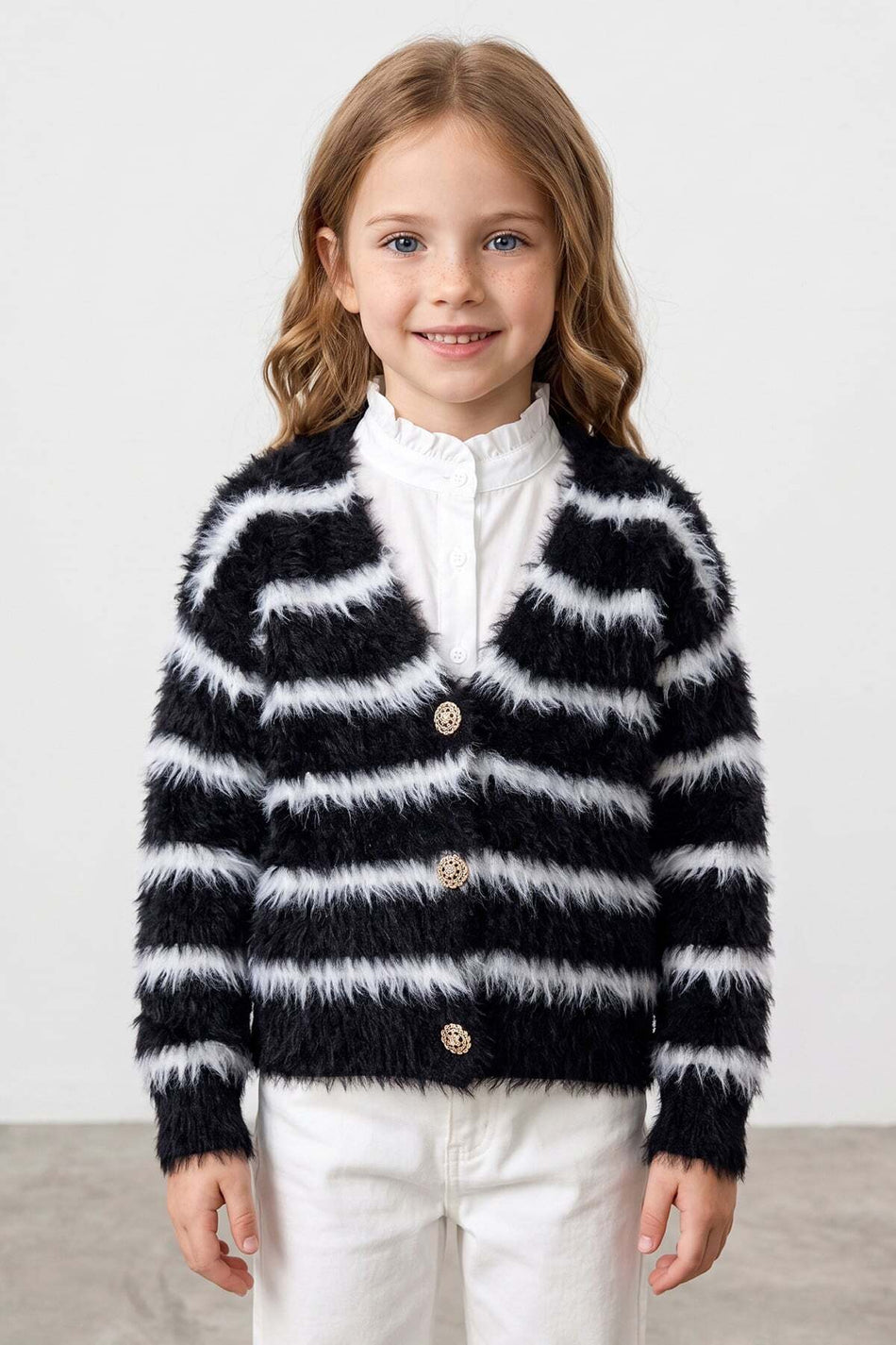 Striped Buttoned Girls' Plush Cardigan - MALLTURK