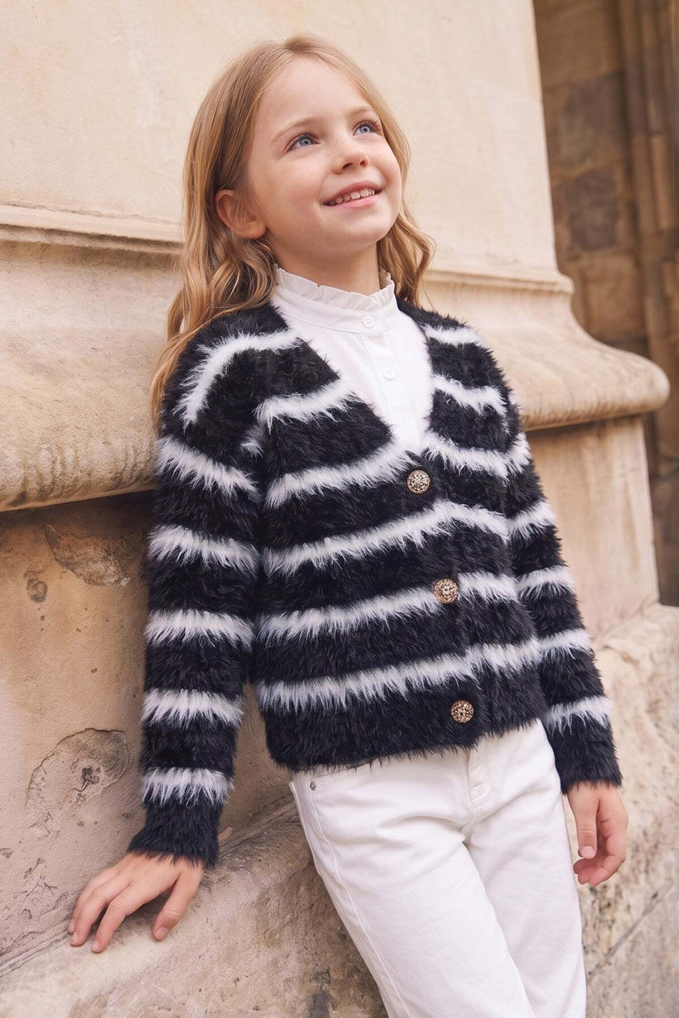 Striped Buttoned Girls' Plush Cardigan - MALLTURK