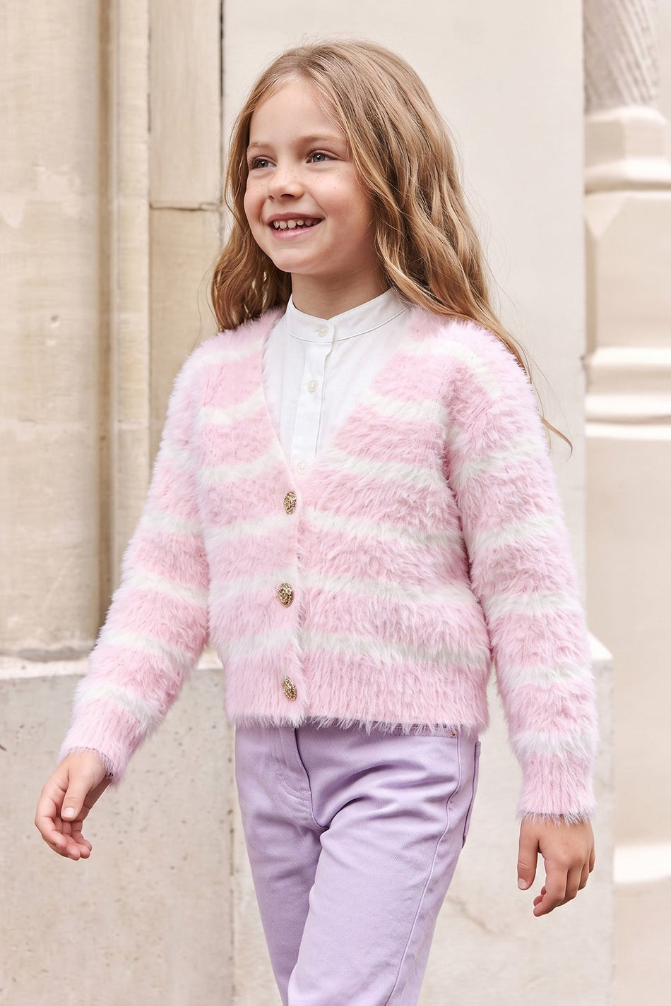 Striped Buttoned Girls' Plush Cardigan - MALLTURK