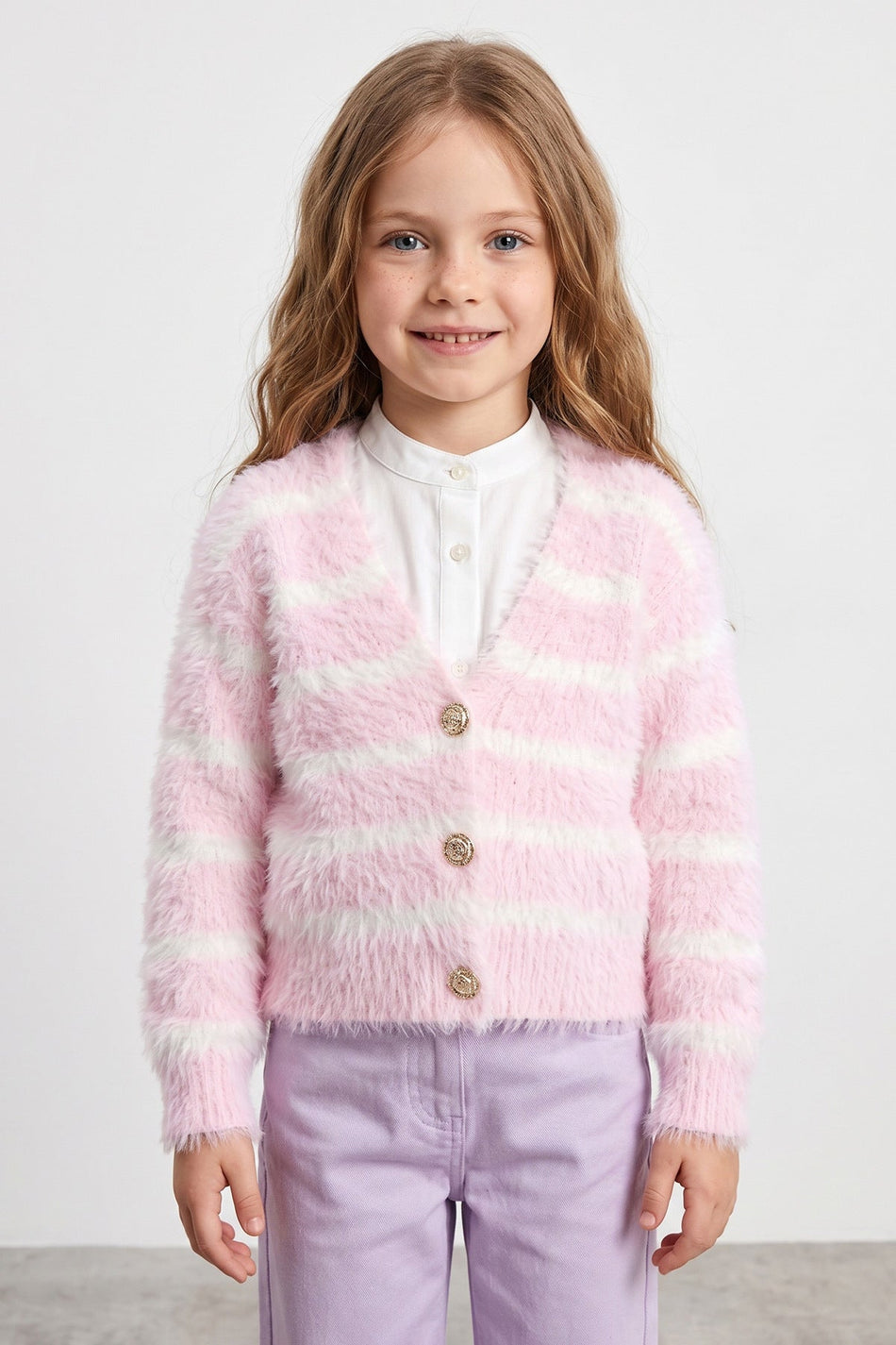 Striped Buttoned Girls' Plush Cardigan - MALLTURK