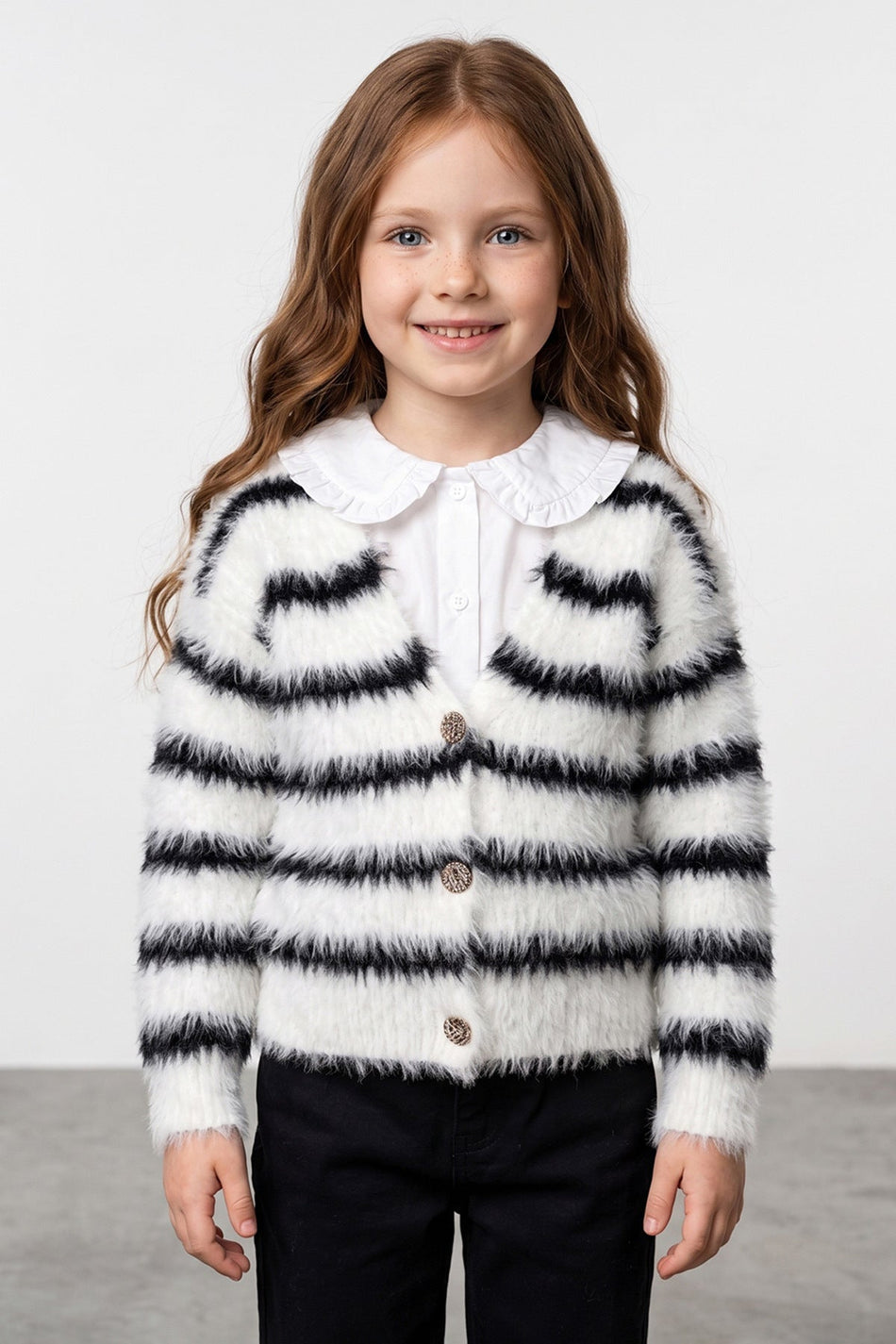 Striped Buttoned Girls' Plush Cardigan - MALLTURK