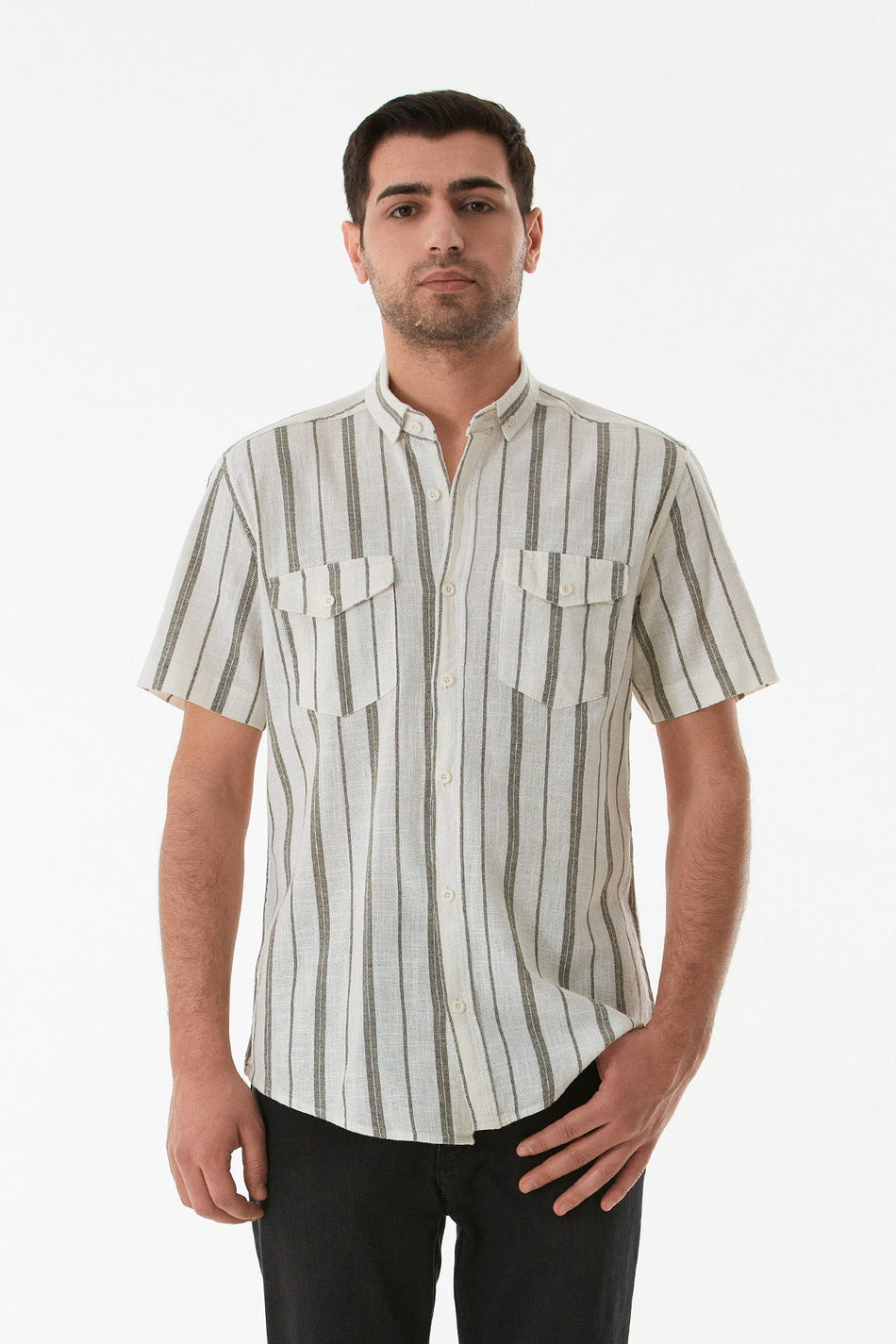 Striped Double Pocket Buttoned Shirt - MALLTURK