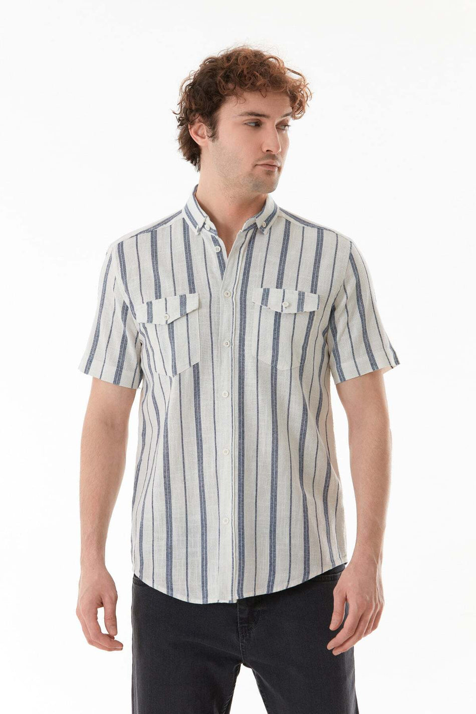 Striped Double Pocket Buttoned Shirt - MALLTURK