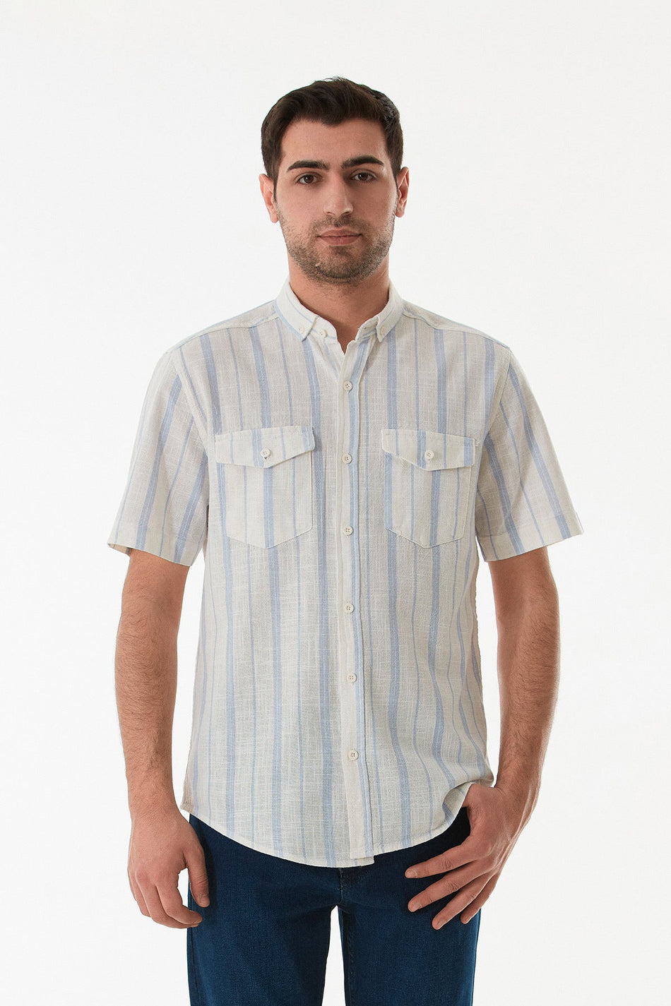 Striped Double Pocket Buttoned Shirt - MALLTURK
