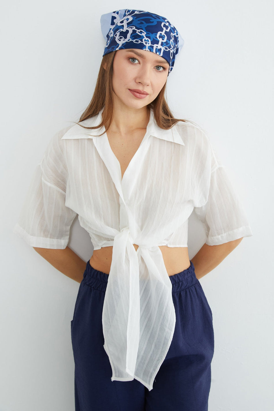 Striped Jacquard Tie Crop Shirt - MALLTURK