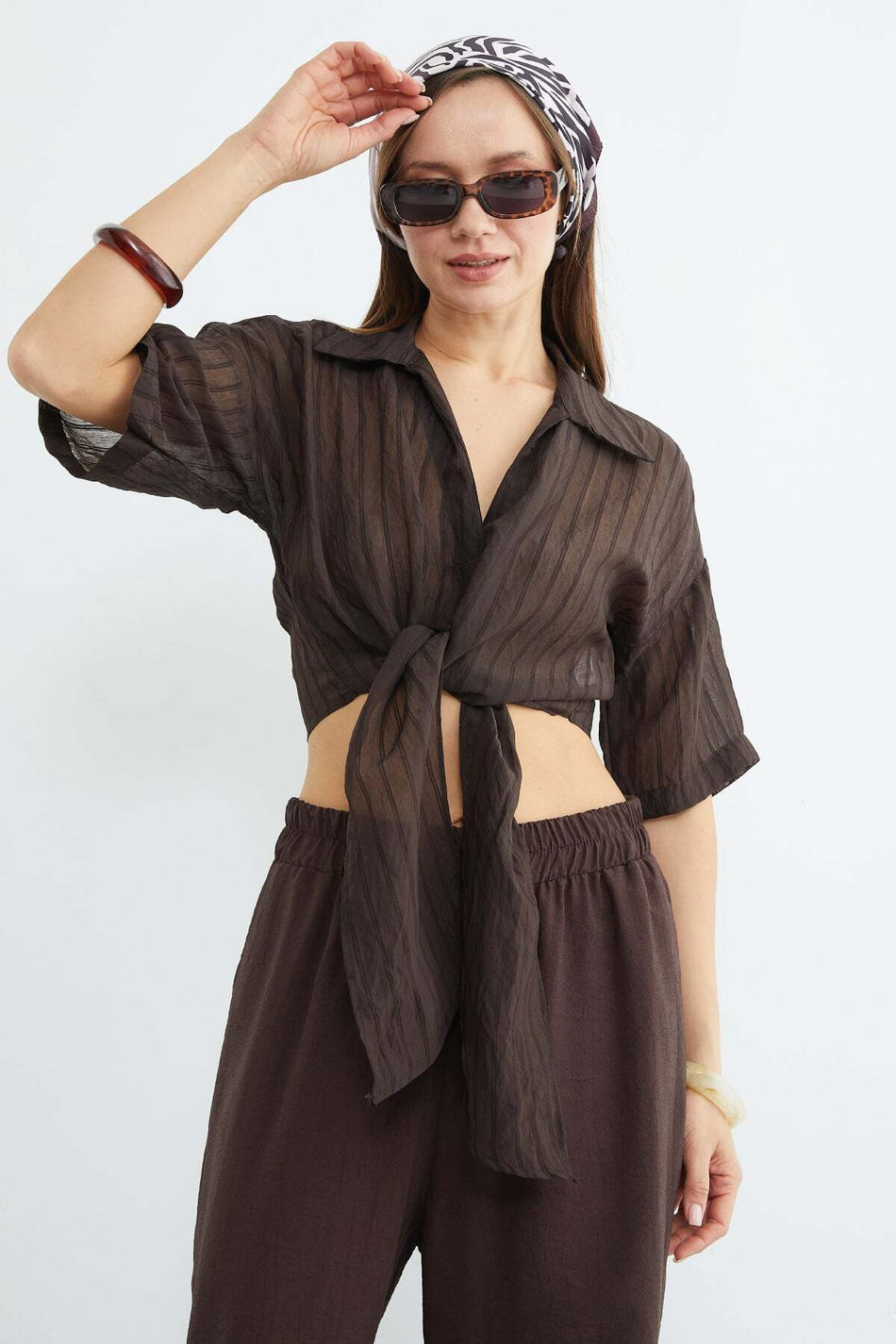 Striped Jacquard Tie Crop Shirt - MALLTURK