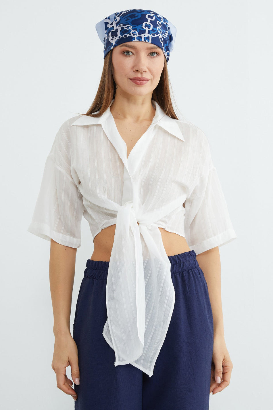 Striped Jacquard Tie Crop Shirt - MALLTURK