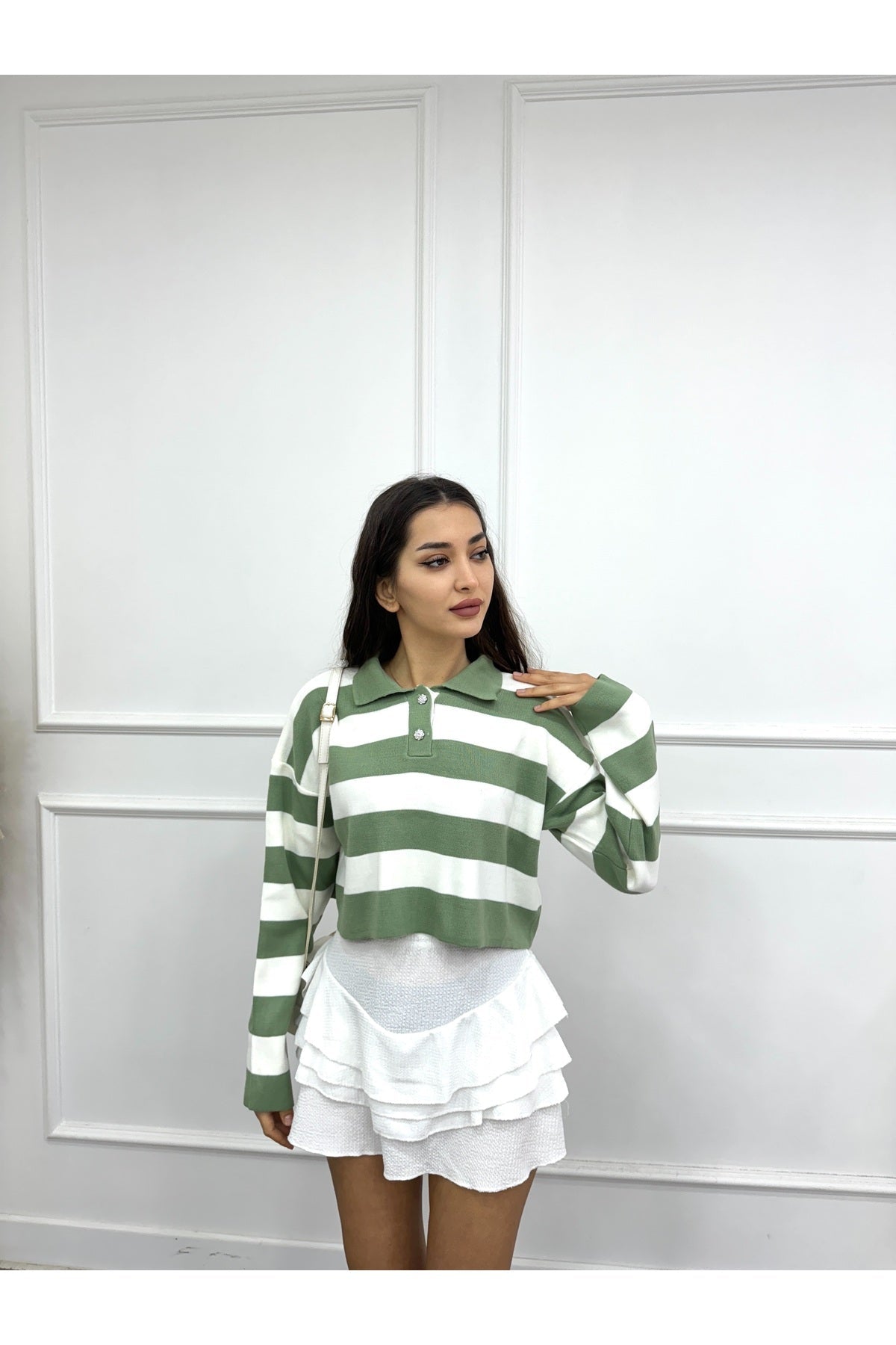 Striped Polo Collar Cotton Knit Sweater, Green - MALLTURK