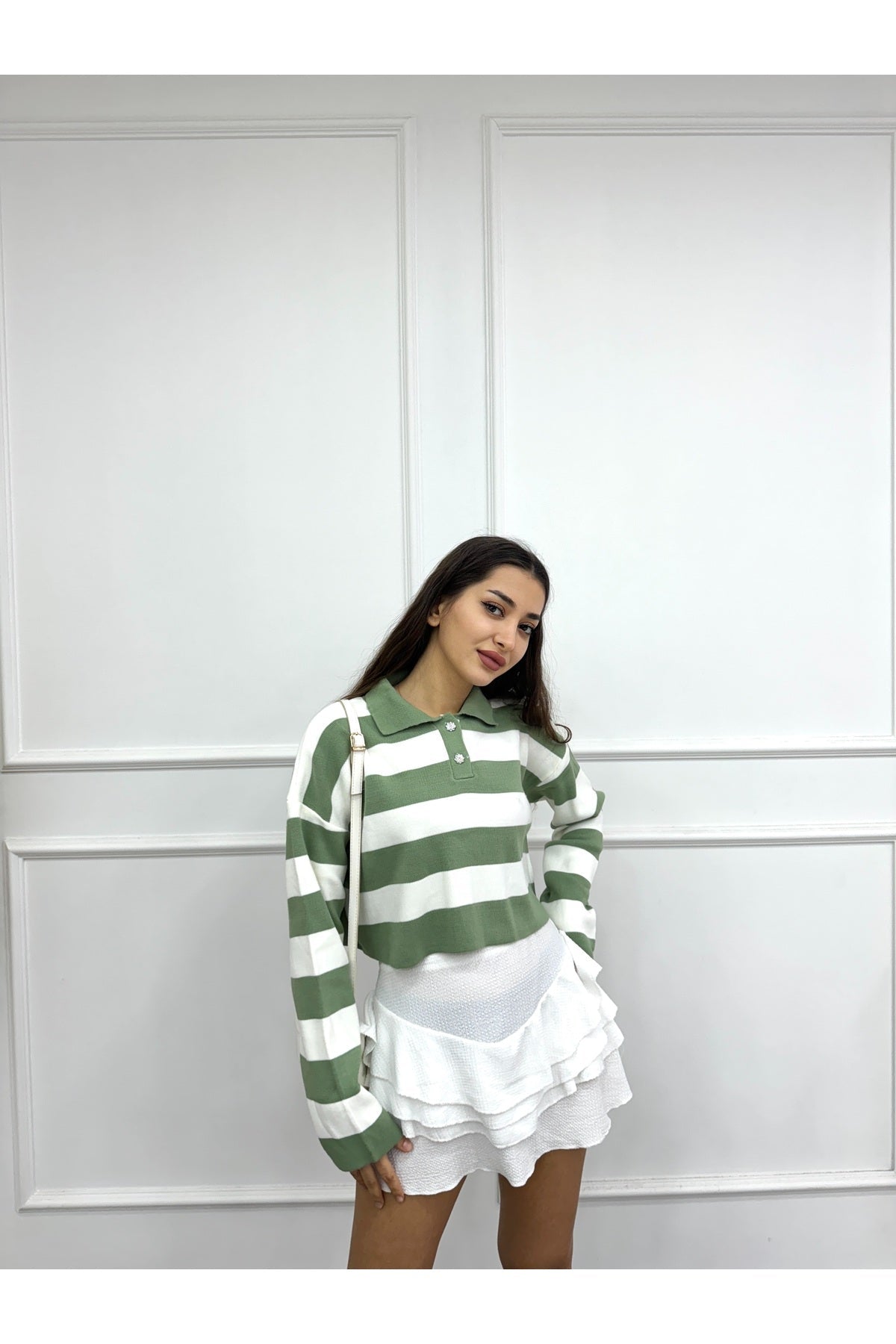 Striped Polo Collar Cotton Knit Sweater, Green - MALLTURK