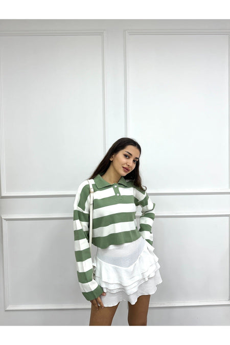 Striped Polo Collar Cotton Knit Sweater, Green - MALLTURK