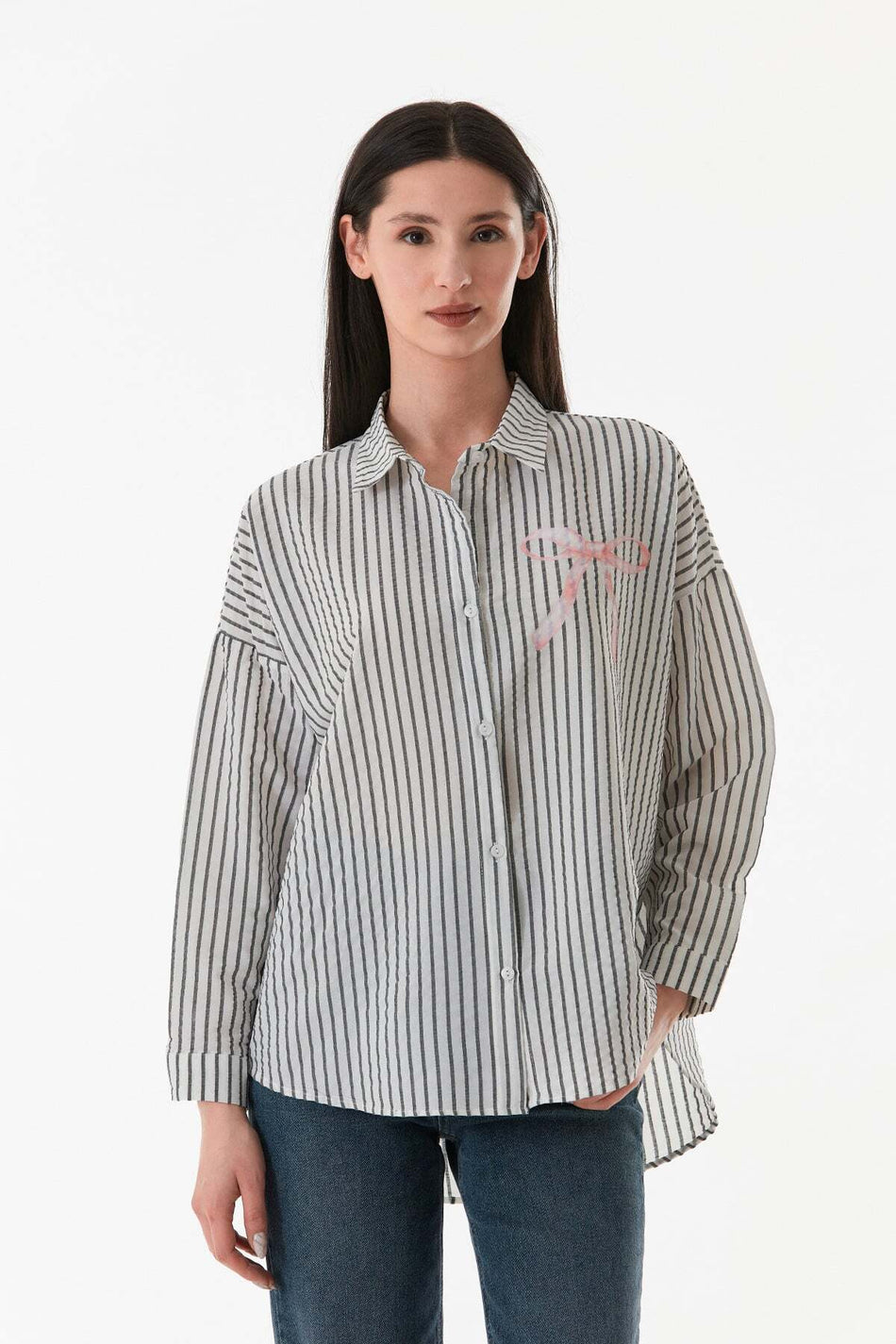 Striped Ribbon Printed Long Back Casual Shirt - MALLTURK
