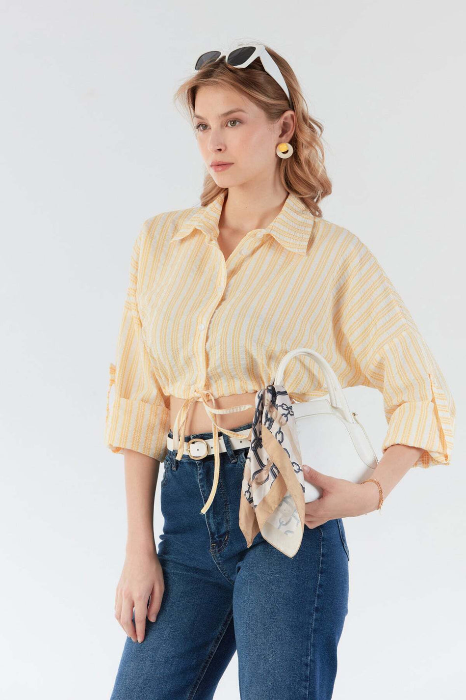 Striped Tie Front Crop Shirt - MALLTURK