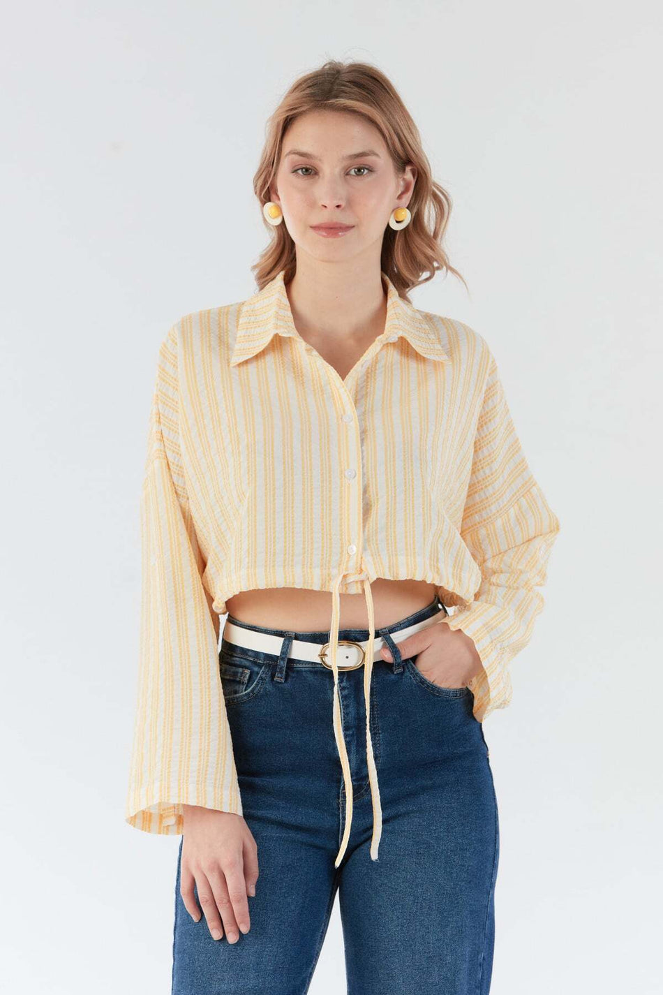 Striped Tie Front Crop Shirt - MALLTURK