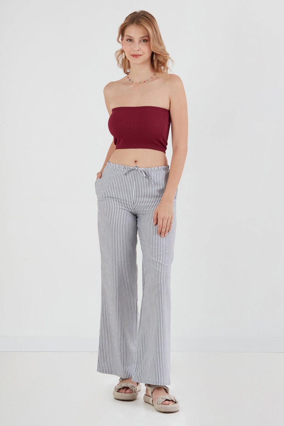 Striped Tie Waist Palazzo Pants - MALLTURK