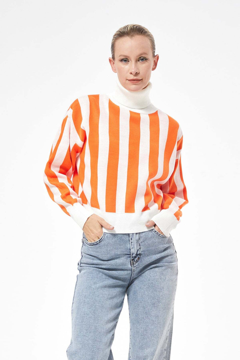 Striped Turtleneck Crop Knit Sweater - MALLTURK